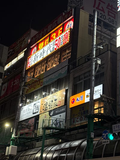 This is a nighttime photograph taken in Adachi, Japan, featuring a bustling street scene illuminated by numerous neon signs and advertisements. The camera is angled upwards, capturing the verticality of the buildings and the dense network of signs advertising various businesses.
Prominently displayed are large, illuminated signs in Japanese. One sign, in bold red and white, reads "120-081" and appears to be part of a larger advertisement. Another, a bright orange sign with a circular logo, says "松屋カリー" (Matsuya Curry), suggesting a restaurant. Numerous other signs, in a variety of colors and fonts, advertise food establishments, karaoke places, and possibly other entertainment venues. Some signs feature images, such as a stylized depiction of a person.
The scene is filled with a variety of objects. A thick utility pole runs vertically through the center of the frame, adorned with wires and what appear to be small electrical boxes. Traffic lights are visible, with a green light illuminated, indicating that traffic is flowing. A blue traffic sign with white arrows is also present. The overall impression is one of urban vibrancy and commercial activity. The time of day is clearly night due to the darkness and the reliance on artificial lighting. The presence of the illuminated signs and the overall atmosphere suggest a lively entertainment or shopping district. There are no people clearly visible in the frame.