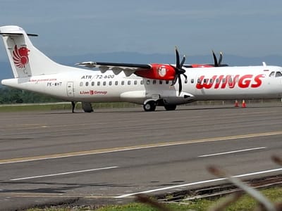 The image depicts a Wings Air ATR 72-600 aircraft on an airfield in Panigah, Indonesia. The plane is painted white with a red logo and the word "Wings" in red lettering along the fuselage. It bears the registration PK-WHT and the Lion Group logo. The backdrop shows a clear sky and distant mountains. The foreground shows a paved surface marked with white and yellow lines, along with some low-lying vegetation and the out-of-focus top of a chain-link fence. Two orange traffic cones are situated near the plane's wing. The plane's propellers are black.