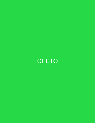 A solid green background fills the frame. Centered on the image, the word "CHETO" is displayed in white sans-serif letters. The text is positioned in the middle of the green space, creating a simple yet prominent focal point. The color palette is limited to shades of green and white.