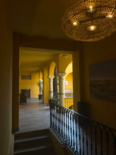 A view of a hallway with a stairway leading down. The hallway is lined with columns, and there are two potted plants on the right side of the image. The walls are yellow, and the ceiling is white. A large woven light fixture hangs from the ceiling. There is a framed picture on the wall on the right side of the hallway, and an iron railing to the right. The hallway is in Oaxaca de Juárez, Mexico, and is located at latitude: 17.061, longitude: -96.727.