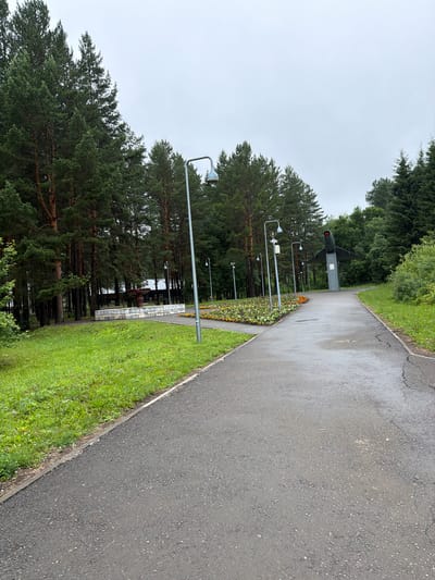 The image depicts an outdoor scene with a paved walkway bordering a grassy area and a dense forest of pine trees. A dark, metallic object, possibly a missile, is mounted on a pedestal in the background, near a row of flowerbeds with orange and yellow blooms. Several lampposts with integrated lights and what appear to be security cameras are also visible along the walkway.

The sky is overcast, suggesting a cloudy or possibly rainy day. The greenery of the grass and trees indicates a temperate season, likely spring or summer. The overall atmosphere is serene and possibly commemorative, given the presence of the missile and flowerbeds.

There is some visible text on a white plaque attached to the base of the missile, but it is not legible in the image. The scene appears to be a public park or a memorial site within or near a forested area. The perspective is angled, giving a sense of depth and a slightly skewed view of the environment. No people are visible in the image.