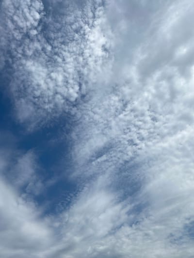 The image displays a cloudy sky with patches of blue. The clouds are varied, with some appearing fluffy and white, while others are thinner and wispy, suggesting movement or changes in atmospheric conditions. The sky occupies the entire frame of the image. No people, objects, or structures are visible. The location is identified as Селятино, Russia.