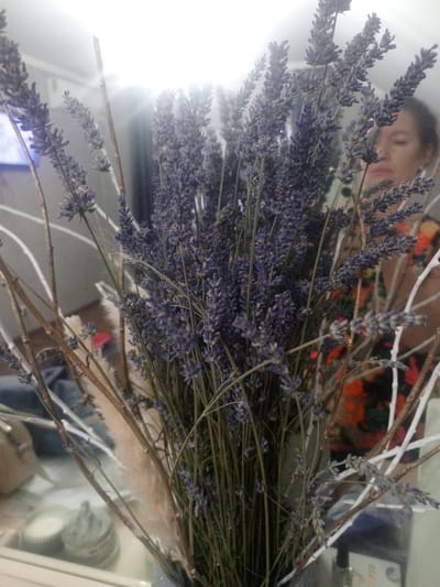 A close-up, eye-level, indoor shot shows a bouquet of dried lavender and decorative branches in a vase. The lavender stalks are thin and upright, with clusters of small purple flowers. Some of the branches are bare and brown, while others are painted white. In the background, a woman with dark hair is out of focus, wearing a colorful, patterned shirt. The scene appears to be set in a room, possibly a home, in Sovkhozny, Russia, as indicated by the context. The lighting is bright, with a glare on the left side of the image, suggesting a light source is present.