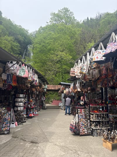 This image captures an outdoor souvenir market bustling with activity, set against a lush, tree-covered hillside in Kveda Makhuntseti, Georgia. Market stalls are arranged along both sides of a concrete path, displaying a wide array of merchandise. Tote bags, many prominently featuring the text "GEORGIA" in various fonts and designs, hang from the stall structures. Other items include numerous magnets, keychains, small ceramic statues, and other trinkets.
Several people are visible browsing the stalls. One person in a striped shirt appears to be looking at the items on a stand, while another individual wearing a light blue puffer vest stands further down the path. The scene conveys a casual, daytime shopping experience.
In the background, a dense, vibrant green forest covers a steep incline. A multi-tiered waterfall can be seen cascading down the hillside through the trees, partially obscured by the foliage, highlighting the natural beauty of the location. The sky is overcast or hazy, suggesting a cloudy day. Visible text on some merchandise includes "GEORGIA", "BATUMI", and possibly "ALL YOU NEED". The overall setting combines commercial activity with a striking natural landscape.