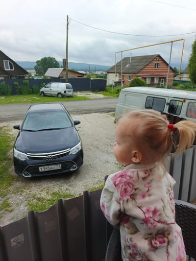 This media file captures an outdoor scene in Medvedyovka, Russia. The primary subject in the foreground is a young child, viewed from the back, with blonde hair tied in a ponytail. The child is wearing a patterned bathrobe featuring pink flowers. They are seated on a dark woven chair, with a brown corrugated fence partially obscuring them.

In the midground, a dark blue sedan is parked on a gravel surface. Its license plate is visible and reads "T 145AO 774 RUS". Further back, a white van is parked on a paved road. Beyond the vehicles, there are several houses and buildings characteristic of a rural or suburban setting. One house is a two-story brick structure with a gray tiled roof and visible windows. Another house to the left has a dark-colored wall and a triangular roof with a prominent window. A tall wooden utility pole with wires extends upwards, suggesting the presence of electricity or telecommunications. The background features green trees and rolling hills under a cloudy, overcast sky.

The weather appears to be cool and possibly damp, given the overcast conditions. The scene likely takes place during the daytime, though the cloudy sky might obscure direct sunlight. The overall impression is a quiet residential area, possibly a village or the outskirts of a town. No specific activity or event is clearly depicted, other than the child observing the surroundings.