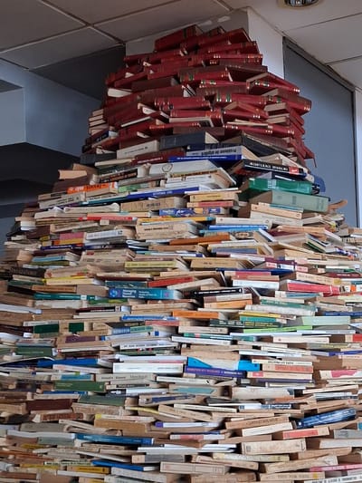 This media file showcases a unique art installation composed entirely of books. The books are arranged in a dense, chaotic cascade, with spines facing outwards in various directions. The majority of the books are bound in red or dark colors, suggesting older, perhaps hardcover volumes, while other books with lighter-colored spines are interspersed throughout. The arrangement creates a textured, almost organic form, overflowing from a partially visible ledge or surface.
The backdrop appears to be an interior space with a tiled wall and a window or skylight at the top, suggesting it could be a public area like a library, gallery, or even an outdoor space with a shelter. The lighting is neutral, not strongly indicating a specific time of day.
Visible text on the book spines includes titles and authors in various languages, with a notable presence of Romanian text. Some legible titles include "URME PE OGLINDA APEI," "dubla mea viata," "Probleme de algebro," "INVATA-A," and "GILIA." There are also names like "JOHN COLTRANE," "TONI MORRISON," and "LYNDA LA PLANTE." The text hints at a literary theme and potentially a collection of diverse works. The overall impression is one of abundance, knowledge, and a creative reimagining of a book collection. The location context provided is Constanța, Romania, which may inform the language and origin of some of the books.