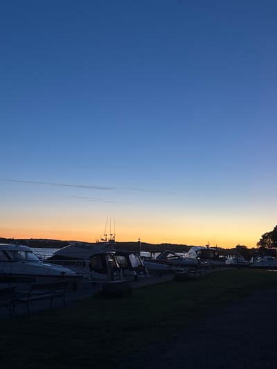 The image depicts a serene evening scene at a harbor, likely located in Tønsberg, Norway, given the style of boats and the characteristic Scandinavian coastline visible in the background. The sky transitions from a deep blue at the top to a warm orange and yellow hue near the horizon, indicating either sunrise or sunset. Several motorboats are docked neatly in the foreground, their sleek designs contrasting with the natural landscape. Some boats have their canopies up, suggesting they are secured for the night.

In the immediate foreground, there are dark silhouettes of benches and lush green grass, hinting at a public promenade or park area adjacent to the harbor. The lighting is low, with the sun having recently set or about to rise, casting long shadows and creating a peaceful, tranquil atmosphere. The water is calm, reflecting the soft colors of the sky. The overall impression is one of a quiet, picturesque coastal town preparing for the night or greeting the dawn.