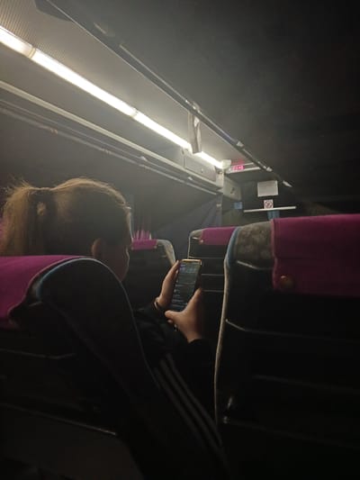Inside a bus or train, a young person with light brown hair pulled back in a ponytail is sitting and looking at a smartphone. The seat is upholstered in pink. Above, a fluorescent light illuminates the interior. The exact location is indeterminate; the city of Chernovskoe, Russia, is not indicated in the image.