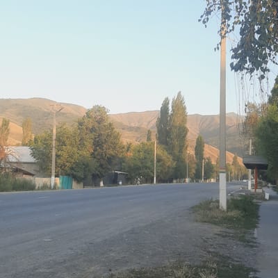 The image depicts a road with trees and mountains in the background, located in Sosnovka, Kyrgyzstan. The road is paved and has yellow lane markings. On the left side of the road, there are houses, fences, and trees. On the right side, there are more trees, a bus stop or shelter, and a sidewalk. The mountains in the background are rolling and appear to be dry. The sky is clear and light blue. There are a few poles with wires visible along the road. There are no people clearly visible in the image, though there might be some figures in the distance near the trees on the left. A white car is visible in the distance on the road. The overall scene suggests a rural or semi-rural setting.
