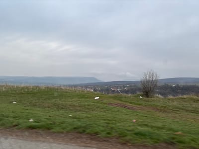 The image displays an overcast rural landscape near Gornik, Bulgaria. The sky occupies the upper half of the frame, uniformly covered by light gray clouds. A blurred dark gray surface, consistent with a road or foreground element, spans the bottom edge. Above this, a green grassy hillside rises and extends across the mid-ground. Scattered across this hillside are several pieces of refuse, including multiple white plastic items and one pink item. Bare earth or dirt tracks are visible on the slope. A leafless deciduous tree with thin branches stands on the right side of the hillside. In the background, beyond the immediate slope, a valley contains a cluster of buildings with red-tiled roofs, representing a settlement identified as Gornik. Distant hills or mountains, partially obscured by atmospheric haze and clouds, form the horizon line. No individuals, specific actions, or interactions are present in the scene.