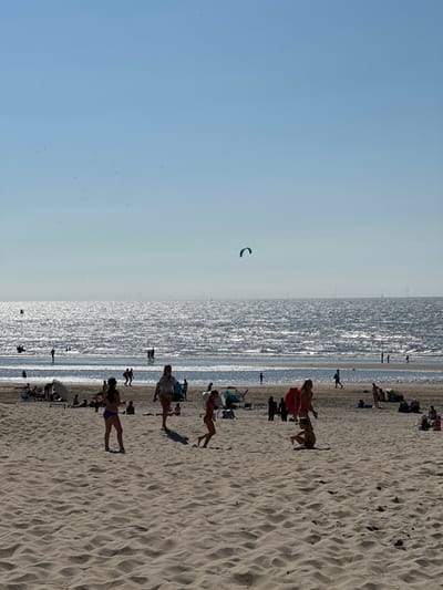 The image depicts a busy summer day at the beach in Zandvoort, Netherlands. The foreground is dominated by textured sand dunes under a bright, clear sky with a faint haze in the distance. In the mid-ground, numerous beachgoers are scattered across the sand, some walking, others sitting or sunbathing. Several people are wading in the shallow water at the edge of the sea. The sea itself is choppy and glitters with sunlight, stretching towards the horizon. In the far distance, faint silhouettes of wind turbines can be seen, suggesting the proximity of an offshore wind farm. A single kite surfer is visible on the water. The overall scene conveys a lively and recreational atmosphere.