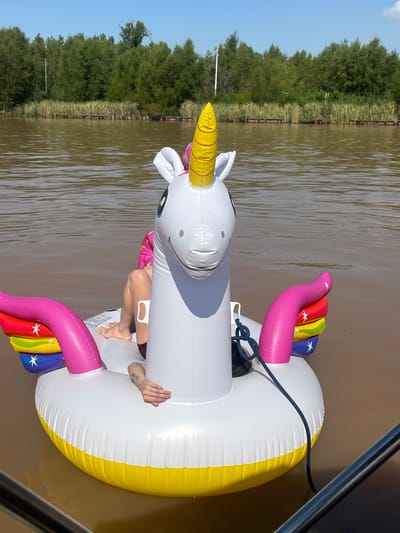 A person is floating on the Paraná River in San Fernando, Argentina, inside a large inflatable unicorn pool float. The unicorn is white with a yellow horn, pink mane, and a rainbow-colored tail. The river water is murky brown, with trees and vegetation visible on the riverbank. A portion of a boat is visible in the foreground on the right.