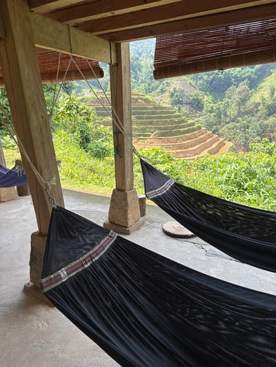 A hammock is suspended between the wooden pillars of a structure, potentially a porch or open-air building, overlooking the terraced rice paddies in the Hoàng Su Phì Commune, Vietnam. The hammock is made of black mesh fabric with a decorative band at the ends. The support pillars are of weathered wood and stone. A bamboo roll-up blind is partially visible. The terraced fields are filled with green vegetation. The landscape appears mountainous and lush with trees and other plants. The sky is overcast, suggesting a cloudy or humid day.