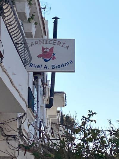 A sign for "CARNICERÍA Miguel A. Biedma" hangs on the exterior of a building. The sign is white with blue lettering and features a cartoon drawing of a pink pig wearing a blue and white bandana. The building appears to be white with some architectural details, including a black railing and a black pipe extending vertically from the roof. The sky is clear and blue. The context of Cancelada, Spain is provided by the user.