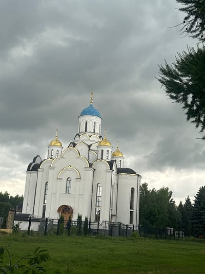 The image depicts a white church with a blue dome and gold accents, set against a cloudy sky. The church has multiple domes, with the largest being blue and topped with a gold cross, while smaller domes are golden. The building features arched windows and decorative gold trim. A black metal fence runs along the front of the church, bordering a lush green lawn. In the foreground, the branches of a dark green coniferous tree hang over the top left of the frame. The scene appears to be a daytime setting, with overcast weather indicated by the dark, cloudy sky. The location is identified as Gorki Leninskiye, Russia. No people are visible in the image, and no text is present.