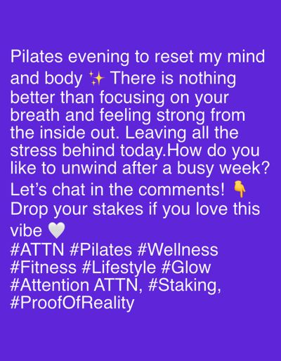 The image is a social media post with white text on a purple background. The text discusses a "Pilates evening to reset my mind and body" and encourages engagement by asking how others unwind after a busy week and to "Drop your stakes if you love this vibe". It also includes several hashtags related to fitness and wellness. There are no people, objects, actions, interactions, or environmental details to describe, and no information about the city of Riverview, United States.