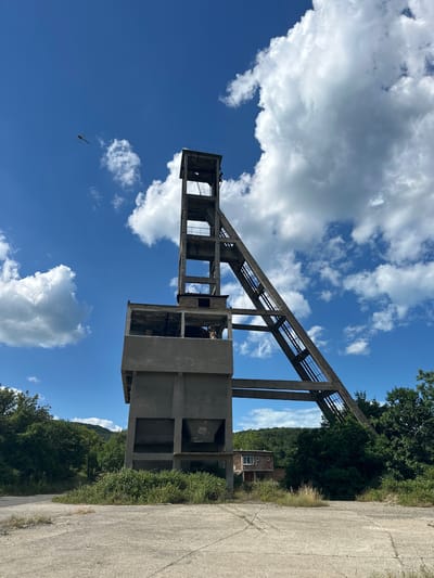 The image shows a tall, derelict concrete mining headframe against a bright blue sky with scattered white clouds. The headframe has an angled support structure on the right and a more blocky structure on the left with open, empty sections. Green trees and vegetation surround the base of the structure. A small, light-colored building with a red roof is visible amongst the trees behind the headframe. The ground in the foreground is concrete, cracked and weathered. A dragonfly is visible in flight in the upper left quadrant of the image. The scene appears to be an abandoned industrial site.