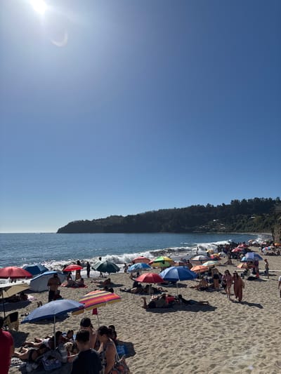 The image displays a densely populated sandy beach in Tomé, Chile, under a clear, bright blue sky with the sun visible in the upper-left, producing a lens flare. The foreground and midground are filled with numerous individuals and a multitude of colorful beach umbrellas in shades of red, blue, green, yellow, and multi-striped patterns. People are observed reclining on towels or blankets beneath umbrellas, standing, walking, and interacting in small groups. Several individuals are positioned in the shallow ocean water, where moderate waves are breaking along the shoreline. A tree-covered landmass, forming a headland, extends into the ocean from the right midground.