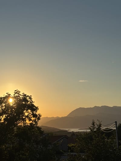 The image captures a serene sunset over Pelinovo, Montenegro. The sky transitions from a pale blue at the top to a warm golden hue near the horizon, indicating the setting sun. The sun itself is partially obscured by the silhouette of a large tree in the foreground on the left, with its rays piercing through the leaves.
In the midground, layered mountains create a sense of depth, fading into a hazy, muted palette of grays and purples. A body of water, likely part of the Bay of Kotor, is visible between the mountains and the land. The foreground is dominated by dark green foliage and the roof of a building, suggesting a residential area. On the right side of the image, a utility pole with visible wires stands out against the landscape. The overall scene is tranquil and bathed in the soft light of dusk.