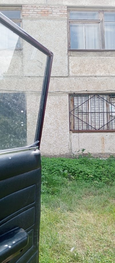 The image shows a partial view of the interior of a car, with its door open. In the foreground, the dark-colored car door panel with a handle is visible. Beyond the car door, a building with a rough, textured, light-colored facade is seen. There are two windows on the building's facade. The upper window is a wooden-framed casement window with two panes, and the lower window is secured with a dark metal grate with a diamond pattern. A dark door with a round handle is also visible on the building's facade, to the left of the window with the grate. The area in front of the building is covered with green grass and some low-lying plants. The overall impression is an outdoor scene, possibly in a residential area. The image does not contain any visible people. The location of Целинный, Russia is not directly ascertainable from the visual information in the image, as it lacks any specific identifying landmarks or text.