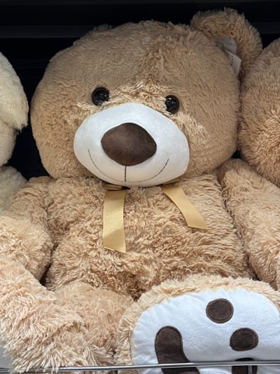 The image depicts a large, light brown plush teddy bear positioned centrally and facing forward. Its features include black, round plastic eyes, a white muzzle, a dark brown oval nose, and a stitched black line forming a mouth. A golden satin ribbon is tied around its neck. The visible lower right paw pad is white with three dark brown circular embroidered spots and a single larger, curved dark brown embroidered patch. A portion of a cream-colored plush item is visible on the far left, and part of another light brown plush item is discernible on the far right. The subjects are displayed on a horizontal metallic rack or shelf, against a dark, indistinct background, indicating an indoor retail environment. This scene is located in Sint-Niklaas, Belgium.