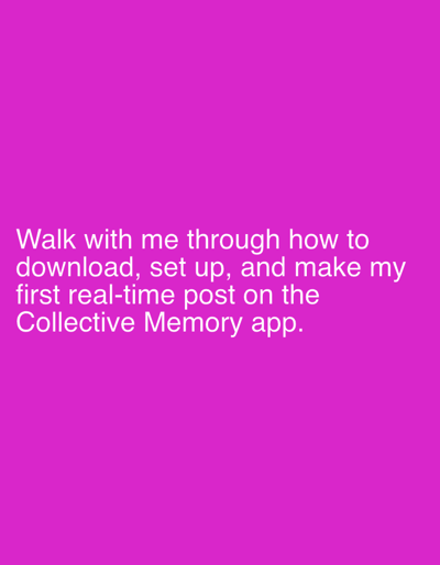 The image features a solid, vibrant fuchsia or magenta background. Centered on the lower half of the frame is white, sans-serif text, clearly legible against the bold background. The text reads: "Walk with me through how to download, set up, and make my first real-time post on the Collective Memory app."
There are no people, objects, or specific environmental scenes depicted in the image; it is purely a text-on-color graphic. The visual suggests an announcement or an invitation to a tutorial or walkthrough related to a digital application. No time of day, weather conditions, or specific location cues (other than the provided context of Sasaro, Nigeria) are visible within the image itself. The overall tone conveyed by the text is informative and guiding.
