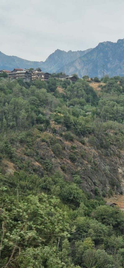 The image depicts a mountainous landscape with a village nestled on a hillside. The village, likely in or around Challand-Saint-Victor, Italy, features traditional stone and wooden houses with terracotta roofs. The houses are clustered together on the upper part of a steep, tree-covered slope. Dense green foliage, predominantly deciduous trees, covers the mountainside, with some rocky outcrops visible. In the background, rugged, hazy blue mountains rise against a pale sky. Power lines and utility poles are present on the slope, indicating infrastructure supporting the settlement. The foreground shows more trees, some of which are blurred, suggesting movement or a shallow depth of field. The overall impression is of a remote, rural settlement integrated into its natural environment.