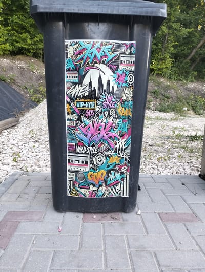 The image shows a black trash bin with a colorful graffiti sticker adhered to its front. The sticker features a dynamic design with elements of graffiti lettering, a cityscape silhouette resembling New York City, and retro audio equipment like cassette tapes and a boombox. The color palette of the sticker is vibrant, with prominent use of pink, turquoise, yellow, and black. The trash bin is placed on a paved area made of interlocking concrete bricks, which are predominantly gray with some reddish-brown accents. In the background, there is a slope covered with loose gravel and sparse vegetation, leading up to a dense line of green trees. The lighting suggests it is daytime, possibly late afternoon, with sunlight casting shadows. The scene appears to be an outdoor urban or suburban setting. There are no people visible in the image. The location is identified as Șoldănești, Moldova.