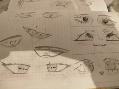 The image displays a close-up, overhead view of a sketchbook filled with pencil drawings of various eyes and mouths. The drawings are rendered in a simplified, anime-inspired style. Several pages of the sketchbook are visible, with some drawings overlapping. The background is a grid pattern, characteristic of notebook paper. No discernible objects or individuals outside of the drawings are visible. The location of Nimoreni, Moldova, is not depicted or suggested in the image.