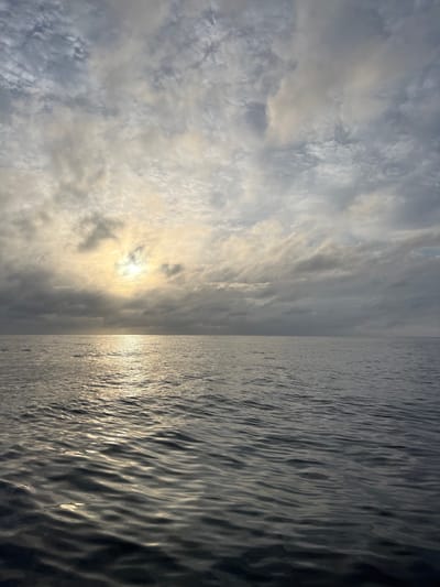 The image displays an expansive seascape off Port Kembla, Australia, under an overcast sky. A distinct, flat horizon line separates the water from the sky, positioned approximately midway up the frame. The sky is largely covered by varying densities of grey and white stratocumulus clouds. The sun is visible as a diffused, bright light source in the upper-left quadrant, partially obscured by cloud cover. A pronounced path of shimmering sunlight reflects on the water, extending from the horizon directly towards the viewer in the foreground. The ocean surface exhibits gentle, dark blue-grey ripples. No land, structures, vessels, or individuals are present in the observable scene.
