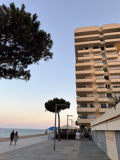 The image depicts an outdoor scene at dusk. Two people, a man and a woman, are walking along a paved promenade next to a body of water. The woman is wearing a green dress, and the man is wearing a dark t-shirt and shorts. In the background, a large, beige, multi-story building with numerous balconies is visible. The building's architecture features repetitive, stepped balconies. Adjacent to the building, there are shuttered storefronts.

Further into the background, a lone tree stands near the promenade, with the calm sea stretching out to the horizon. The sky transitions from a pale blue at the top to soft pastel shades of pink and orange near the horizon, indicating sunset or sunrise. The weather appears to be clear.

On one of the storefronts, the text "PADDLE SURF" is visible. Other signs, likely for businesses, are also present along the promenade, with some showing images of food. The overall atmosphere is tranquil and suggestive of a coastal resort town in the evening. The image is oriented sideways.