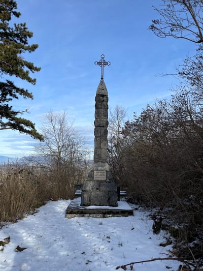The image displays a stone monument topped with an ornate dark metal cross, located on a snow-dusted elevated area overlooking the city of Chambéry, France, and surrounding mountains. The monument itself is an obelisk-style structure, constructed from stacked, roughly hewn grey stone blocks, with a wider base and tapering towards a pointed apex from which the cross emerges. A rectangular plaque affixed to the lower section of the monument's base is inscribed with text, partially legible as "A SAINT CONCORD / SOUVENIR DE LA MISSION / DONNÉE A CHAMBÉRY 1876 / PAR LES RR.PP. REDEMPTORISTES".
The ground immediately surrounding the monument is covered with a thin, uneven layer of white snow, revealing patches of dark soil and dry grass. A distinct snow-covered path leads directly to the monument. The environment is characterized by leafless deciduous trees and dense, bare shrubs flanking the monument on both sides, with particularly thick vegetation on the right. A large pine tree with green needles is visible on the far left, extending into the upper corner of the frame. In the background, beyond the immediate foliage, a valley vista includes structures of a city and distant mountains, indicative of the geography around Chambéry. The sky above is clear blue with minimal, wispy white clouds, suggesting daylight conditions. No individuals or active subjects are present in the scene.