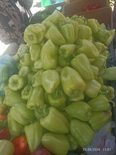 A pile of light green bell peppers is displayed at an outdoor market stall. The peppers are arranged in a dense mound, with some showing slight imperfections. In the background, blurry figures of people and more produce, including red tomatoes, are visible. The scene appears to be a typical market setting in Razzakov, Kyrgyzstan, likely on a sunny day given the bright lighting.