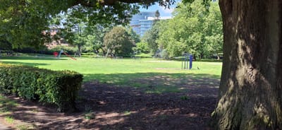 The image shows a public park with a playground and a large tree in the foreground. The playground includes a red slide, swings, and a climbing structure. Several benches are scattered throughout the grassy area. In the background, there are buildings, including a modern, multi-story structure with large windows. The park is surrounded by lush green trees, indicating it is likely springtime or summer. The presence of benches and playground equipment suggests this is a recreational area for families and individuals. The location is identified as a park in the city of Apeldoorn, Netherlands.