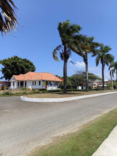 This is a photograph taken on a sunny day in Sosúa, Dominican Republic, featuring a single-story building with a red-tiled roof. The building's exterior is white with a section decorated with colorful square tiles in various shades of blue, yellow, green, and red. In front of the building, there is a white sign with the text "Bright" in black lettering, followed by smaller black text below it. The building is situated on a plot of land with green grass and some landscaping.
Several tall palm trees are visible throughout the scene, with their fronds appearing somewhat windblown against a clear blue sky. A paved road with a white-curbed median runs across the foreground of the image, curving to the right. In the background, more buildings and vegetation can be seen, including a large, mature tree with dense foliage. The overall impression is of a tropical, well-maintained environment.