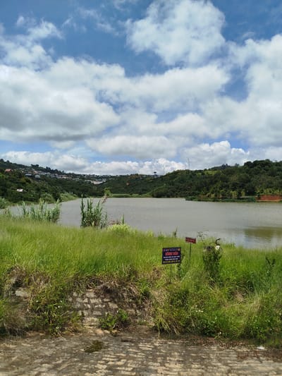 A wide-angle, eye-level shot captures a scenic view of a lake in Xuân Sơn, Vietnam. The foreground is dominated by lush green grass growing on a slight incline, with a textured, weathered concrete path at the very bottom. Two small signs with Vietnamese text are visible amongst the grass, one rectangular with red text and a circular emblem at the top, and another larger black sign with white and red text.
The middle ground features a calm, murky lake. Tall reeds and grass poke out from the water's edge. In the background, rolling hills are covered in dense green vegetation and scattered with houses, suggesting a small town or village nestled into the landscape. The sky above is a vibrant blue, dotted with puffy white clouds, some of which are tinged with gray, indicating a dynamic weather system. Wind turbines are visible on the distant hills, a testament to the area's potential for renewable energy. The overall impression is one of natural beauty and rural tranquility.