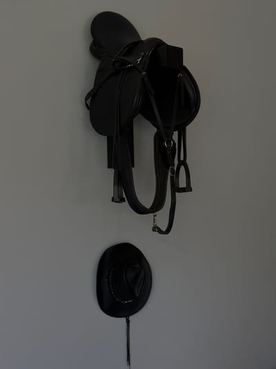 A black horse saddle is mounted on a dark bracket affixed to a grey wall. Below the saddle, a black cowboy hat with a decorative band and a string tassel hangs from the same wall. The scene is set in Dsegh, Armenia, in a location that appears to be an interior space, possibly a home or a museum, given the display of equestrian and western-themed items. The lighting is dim, casting subtle shadows on the wall.
