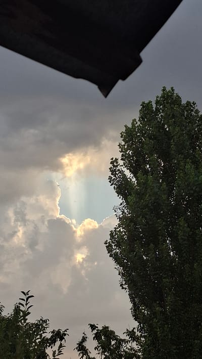 This is a low-angle shot looking up at the sky, framed by lush green tree leaves in the upper and right portions of the image. On the left side, a dark, silhouetted architectural element, possibly a building or a wall, juts into the frame from the bottom left corner, its sharp angles contrasting with the organic shapes of the foliage.
The sky is filled with dramatic clouds. A significant portion of the clouds are grey, suggesting an overcast or impending weather event. However, a striking break in the clouds reveals a patch of bright, ethereal light. Sunlight streams through this opening, illuminating the edges of the surrounding clouds with a golden glow. The rays of light fan out, creating a sense of celestial radiance.
The overall mood is one of subtle drama and hope, with the dark structure and grey clouds creating a sense of foreboding that is pierced by the brilliant light from above. The image appears to have been taken during the day, likely late afternoon or early evening given the warm, golden light and the diffused quality of the sunlight. The presence of trees suggests an outdoor setting, possibly a park, garden, or residential area. The scene evokes a feeling of looking for light and hope amidst a challenging or somber backdrop.
There is no visible text in the image.