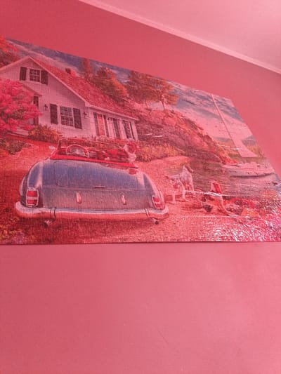 The image displays a close-up, angled shot of a jigsaw puzzle mounted on a pink wall. The puzzle depicts a picturesque scene with a white house, a vintage blue convertible car, two dogs, and a sailboat in the background. The overall color tone of the puzzle is heavily influenced by a red or pink filter, likely due to the ambient lighting of the room. The puzzle itself shows signs of wear, with some pieces appearing slightly lifted or separated, and there are visible reflections from the room's lighting on its surface. The pink wall serves as the backdrop, with a white trim visible along the top edge of the frame. There is no indication of the city of Bochnia, Poland, in the image.