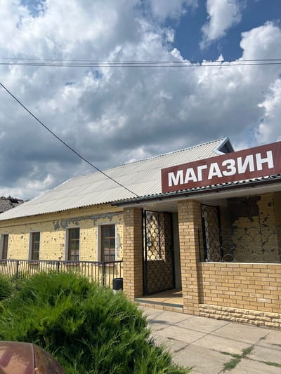 This image depicts a single-story commercial building, identified as a "МАГАЗИН" (MAGAZIN/SHOP) by a prominent brown sign with white Cyrillic lettering, located in Staryi Saltiv, Ukraine. The building's exterior walls, primarily a light yellow, show extensive damage characterized by numerous pockmarks, chipping, and peeling paint or render, consistent with projectile impacts. The roof is made of light-colored, possibly white or light grey, corrugated metal.
The building features multiple rectangular windows with wooden frames on its left facade, situated above a low black metal railing. The main entrance is recessed, framed by a light brown brick facade, and secured by ornate black metal gates with a scalloped pattern. A similar metal grate covers a window to the right of the entrance.
In the immediate foreground, a dense, dark green evergreen shrub partially obscures the lower left portion of the building. A concrete sidewalk with visible cracks and patches of weeds extends across the front. A dark, possibly rusted, portion of a vehicle is visible in the bottom left corner. The sky above is partially overcast with large, dark grey clouds and visible patches of blue, traversed by several black electrical or utility lines. No individuals are present in the scene, and no actions or interactions are depicted.