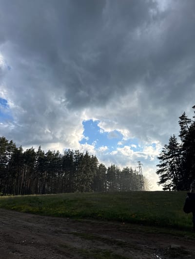 This media file captures a dramatic sky over a wooded area and a muddy path. The sky is a dynamic mix of dark, heavy clouds and bright, sunlit patches, suggesting a transition in weather. Rays of sunlight pierce through the clouds, illuminating parts of the scene and creating a sense of depth and drama.
The foreground shows a muddy, wet path, indicating recent rain or damp conditions. To the right of the path is a lush green field dotted with small yellow wildflowers, bordered by a dense forest of tall, dark coniferous trees. A power line tower is visible in the distance, rising above the trees, its silhouette stark against the sky.
The image is oriented vertically, with the sky taking up a significant portion of the frame. The overall mood is one of natural beauty and perhaps a hint of a storm passing. The time of day appears to be late afternoon or early evening, given the angle of the light and the rich colors of the sky. The location is Yundola, Bulgaria. There is no visible text in the image.