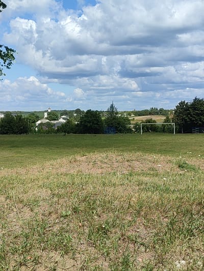 The image depicts a rural landscape in the village of Velykyi Zhytyn, Ukraine, under a partly cloudy sky. In the foreground, a dry, grassy field stretches out, with patches of brown earth visible. In the middle ground, a green, well-maintained lawn appears to be a soccer field, complete with a white goal net. To the left of the soccer field, a blue net fence is visible, and to the right, a similar structure. In the background, a cluster of trees and houses forms a small village, with a white church steeple prominently visible among the buildings. The sky is filled with large, puffy white clouds against a bright blue backdrop. A few small white birds are visible in the foreground.