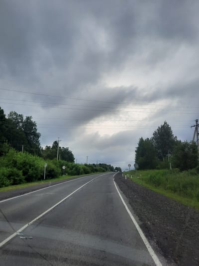 A highway road stretches into the distance under a heavily overcast, gray sky. The road is paved with asphalt and marked with white lines. On the left side of the road, there is a dense line of green trees and bushes. On the right side, there is a gravel shoulder and more greenery, with some trees visible further back. Power lines run across the sky. Several traffic signs are visible along the side of the road, including a circular sign with a red border indicating a prohibition. There are no people or vehicles immediately visible in the foreground, but a few distant cars can be seen on the road ahead. The scene appears to be in a rural or semi-rural area.