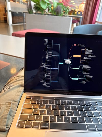The image displays a silver Apple MacBook Pro laptop resting on the lap of an individual, whose legs are partially visible, clad in light brown cargo-style shorts or pants. A dark circular emblem is present on the left leg. The laptop screen shows a digital mind map application with a dark theme, centered around the title "Bodybuilding Daily Schedule & Mind Map." Numerous interconnected nodes branch out from the central title, detailing workout splits and related training information. A clear reflection of the user's upper torso and arms, potentially holding a smartphone, is visible on the laptop's dark screen. The laptop's keyboard features a Nordic layout.
The background, out of focus, reveals a modern indoor public or commercial space, specifically identified as within the Levanger Kunnskapspark (Levanger Knowledge Park) in Levanger, Norway. The environment includes contemporary design elements: large grey rectangular planters containing various green, purple, and reddish foliage plants, blurred light-colored tables or surfaces, and indistinct grey upholstered seating. A prominent red rectangular cushion is visible on a surface in the mid-ground. In the deeper background, spherical orange or yellow light fixtures are dimly visible, suspended from a ceiling, and glass partitions define areas within the space. The overall scene suggests a person engaged in work or study within a bright, spacious, and modern communal area.