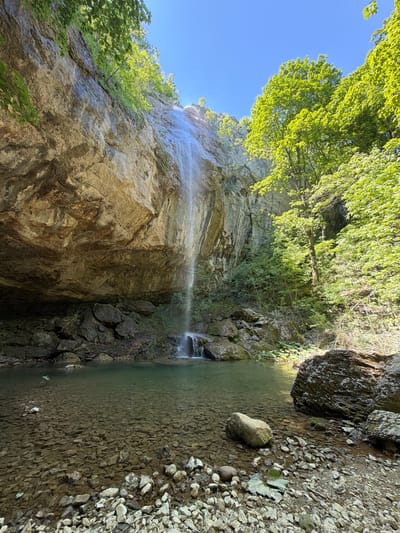 The image depicts a waterfall in the vicinity of Veselinovo, Bulgaria. The water cascades down a vertical rock face into a pool. The rock is textured and layered. Vegetation, including trees and foliage, grows on top of the rock face and around the pool. The pool has clear water, and the bottom is visible, covered with pebbles and rocks. The sky is blue, and the sun is shining.