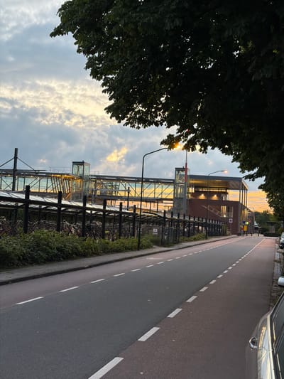 The image depicts a street scene in Boxtel, Netherlands, likely near a train station. In the foreground, an asphalt road with white dashed lines runs from the bottom left to the top right of the frame. A sidewalk and a dense green hedge border the left side of the road. Beyond the hedge, a covered bicycle parking area is visible, filled with numerous bicycles.
In the background, a modern building complex, possibly a train station, is situated. This structure features a glass-covered walkway or bridge, connecting different parts of the building. It has exposed metal beams and supports, with glass panels and some sections of brickwork. A glass elevator shaft is also visible.
The sky above is partly cloudy, with patches of bright yellow and orange light, suggesting either sunrise or sunset. Trees with dark green foliage overhang the scene from the right and top edges of the frame. A street lamp with a lit bulb is present on the right side of the road. A parked car is visible on the far right of the image. There are no people clearly visible in the image. The overall atmosphere suggests a quiet urban environment, possibly during the evening or early morning.