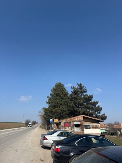 The image depicts a roadside scene in Voivodovo, Bulgaria, under a clear, bright blue sky with minimal atmospheric haze. A two-lane asphalt road extends diagonally from the lower-left foreground towards the center-left horizon, where it curves slightly to the right. To the left of the road, a dirt shoulder transitions into an open, fallow field of light brown soil that stretches to the distant horizon. A tall, slender white utility or communication pole stands in the mid-ground on the left.

On the right side of the road, three vehicles are parked on a dirt and gravel patch. The closest vehicle, partially visible in the lower-right, is dark-colored. Immediately behind it is a black BMW E46 coupe, followed by a silver Mercedes-Benz W203 sedan. Behind these parked cars stands a single-story, rustic wooden building with a sloped roof. Its facade features a prominent red sign with white text reading "PIZZA И СКАРА" (Pizza and Grill) and a smaller yellow sign above it. Windows are visible, some appearing closed or shuttered.

Two large, dark green coniferous trees, likely pines, are situated directly behind and slightly to the left of the wooden building, towering over it. To the left of the building, positioned between it and the large trees, is a blue and white bus stop shelter or sign. In the background, beyond the wooden structure, residential buildings with reddish-brown tiled roofs and lighter walls are visible, interspersed with trees and shrubbery, indicating a village or town setting. A white van or small truck is observed traveling on the distant road, heading towards the viewer. The scene is illuminated by direct sunlight, casting subtle shadows. No individuals are discernible within the frame.