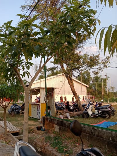 The image captures a street scene in Stiaji, Indonesia, possibly a public area or recreational space. In the foreground, several motorcycles are parked, with one white and black scooter prominently displayed on the grassy area. A large tree with lush green leaves dominates the left side of the frame, its branches extending upwards and partially obscuring the sky. To the right of the tree, a small, light-colored building with a yellow base appears to be a kiosk or shop, with a man standing behind the counter. Several people are gathered in front of and around this building, some sitting on benches or the ground. In the background, a larger building with a corrugated metal exterior is visible, and beyond that, a volleyball net and poles suggest a sports facility. More trees and foliage surround the area, and overhead power lines are visible against the pale blue sky. The overall atmosphere suggests a casual gathering or a marketplace, with people engaged in various activities.