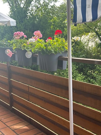 This image captures a close-up view of a railing on a balcony or patio in Remseck am Neckar, Germany. The railing is constructed from horizontal wooden planks, with darker horizontal supports. Above the railing, several dark gray planters are mounted, filled with vibrant geraniums in shades of pink, red, and white, interspersed with lush green foliage. To the left, a portion of a white umbrella is visible, and to the right, a white pole stands vertically, partially obscuring a blue and white striped awning. The background consists of dense green trees and foliage, suggesting an outdoor setting surrounded by nature. The ground below the railing is tiled in a warm, reddish-brown terracotta. There are no people visible in the image.