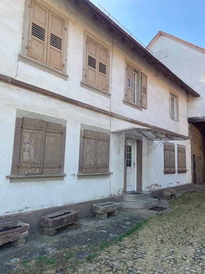 The image shows the exterior of a historic building with white stucco walls and wooden shutters. The building has multiple stories with several windows. Some windows have louvered shutters that are closed, while others have open shutters revealing the glass behind them. The architectural style suggests an older building, possibly in a European village. The ground next to the building is covered with grass and cobblestones, and there are some stone troughs or planters visible. The sky is a clear blue, indicating a sunny day. The sunlight casts shadows on the building, suggesting it is daytime, likely late morning or early afternoon. There is no visible text in the image. The overall impression is of a peaceful, historic setting in Gerstheim, France.